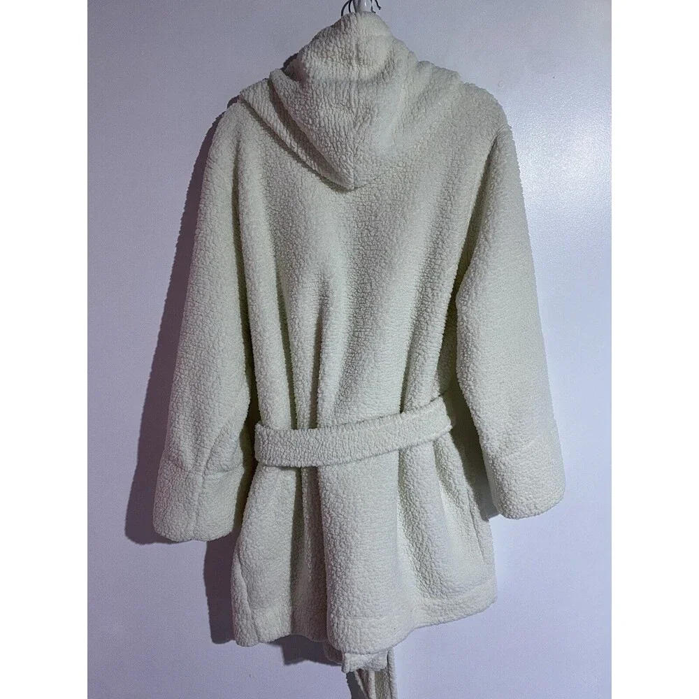Lands End Robe Womens XL Ivory Sherpa Fleece Big Fluffy Cozy Warm Lounge Pockets